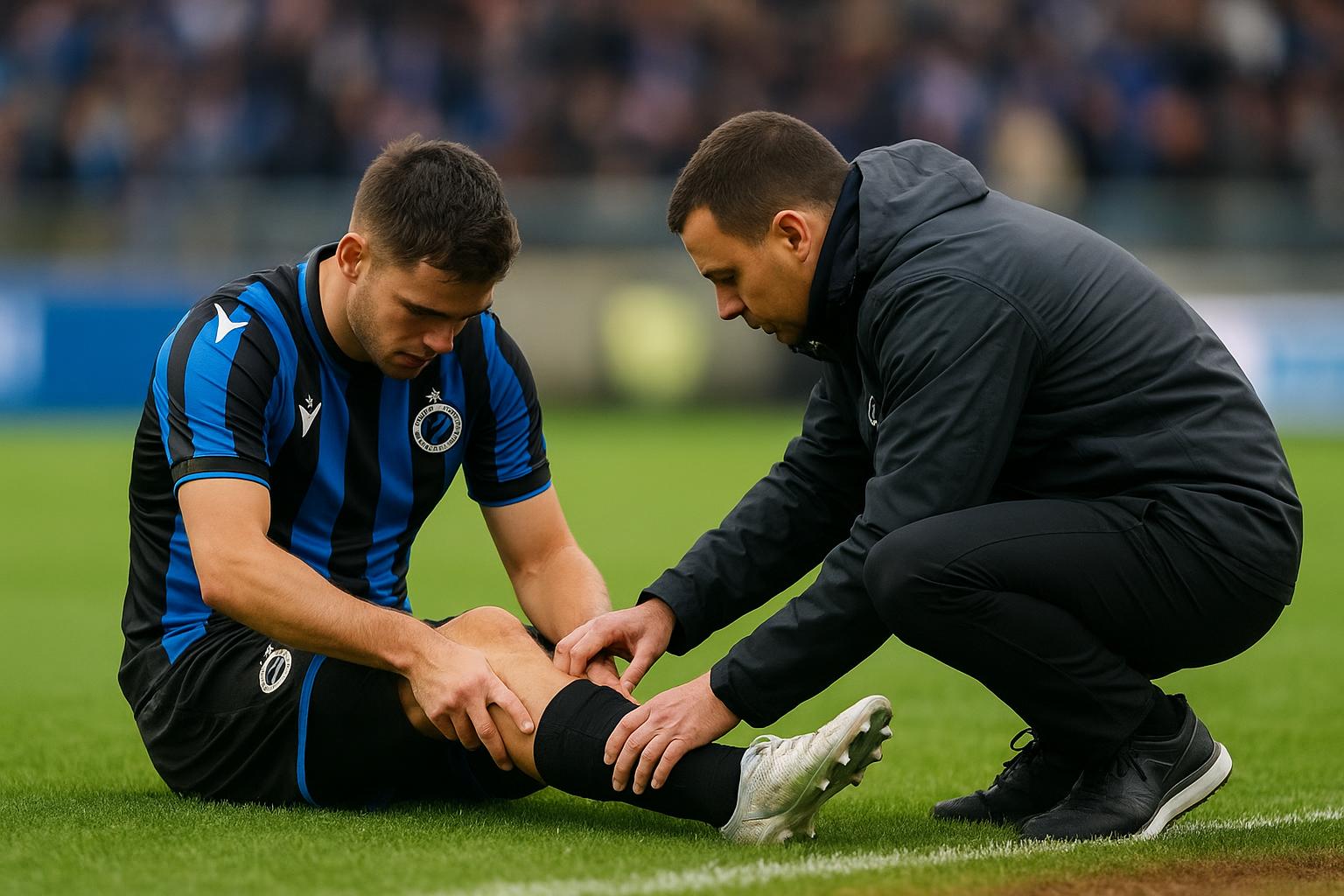 Speler van Club Brugge verlaat het veld geblesseerd na een duel in het Dudenpark