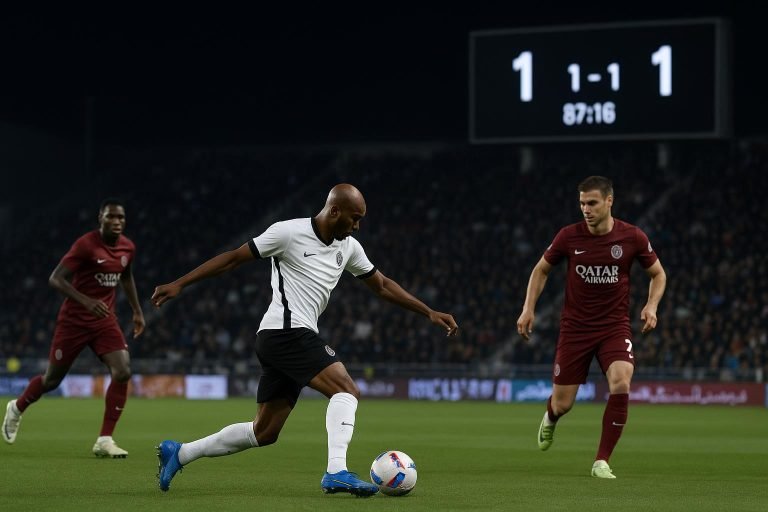 Beeld uit een wedstrijd van Al-Sadd in de Qatarese Stars League in een stadionomgeving.