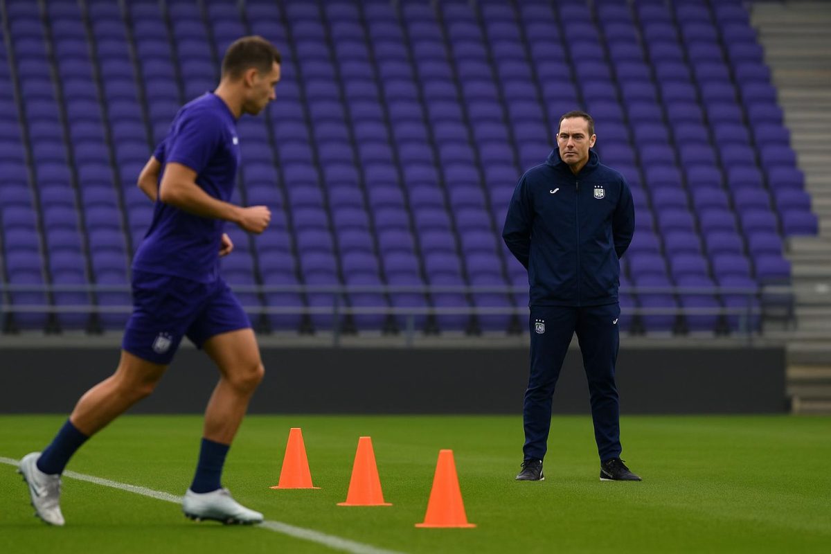 Sfeerbeeld rond RSC Anderlecht met staff op de achtergrond tijdens een trainingsmoment
