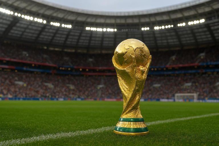 De WK-trofee in een stadionomgeving als symbool voor de aanloop naar WK 2026