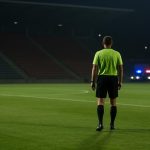 Een neutraal beeld van een voetbalveld na een dameswedstrijd, met een scheidsrechter op afstand en politiewagen op de achtergrond onscherp.
