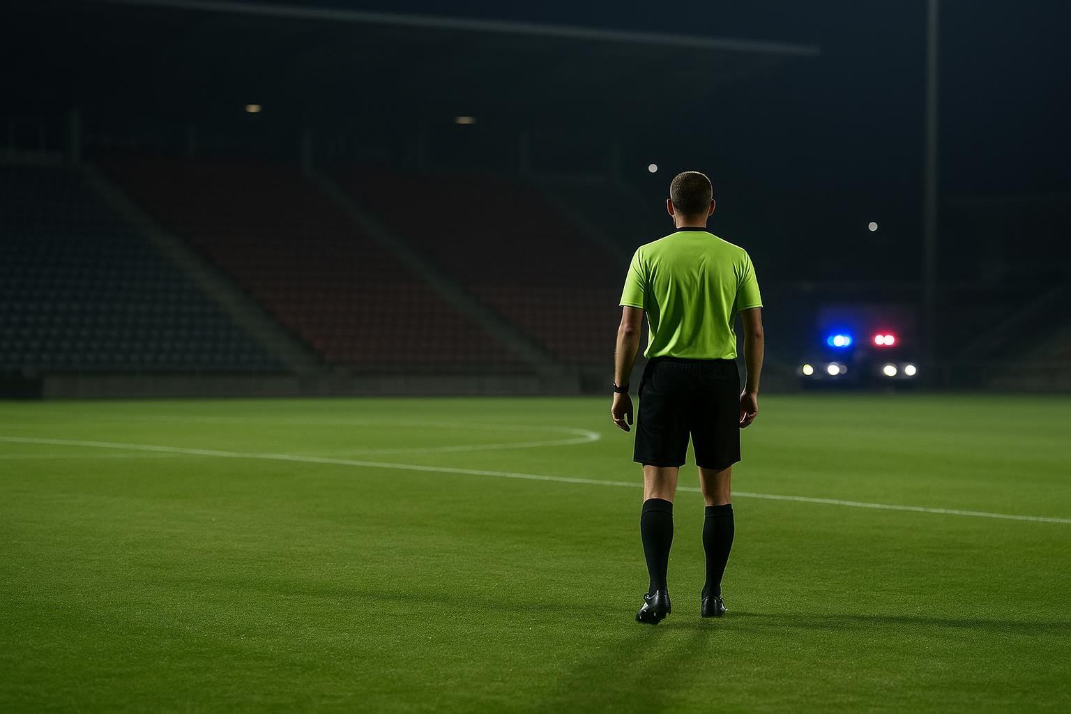 Een neutraal beeld van een voetbalveld na een dameswedstrijd, met een scheidsrechter op afstand en politiewagen op de achtergrond onscherp.