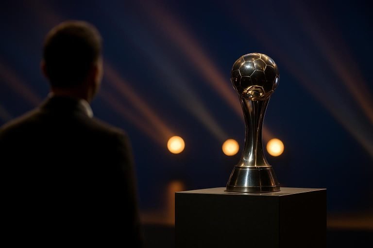 Neutrale sfeerfoto van een Laureus Awards-podium in Madrid met een trofee op de voorgrond.