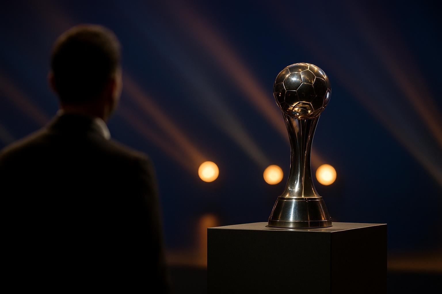 Neutrale sfeerfoto van een Laureus Awards-podium in Madrid met een trofee op de voorgrond.