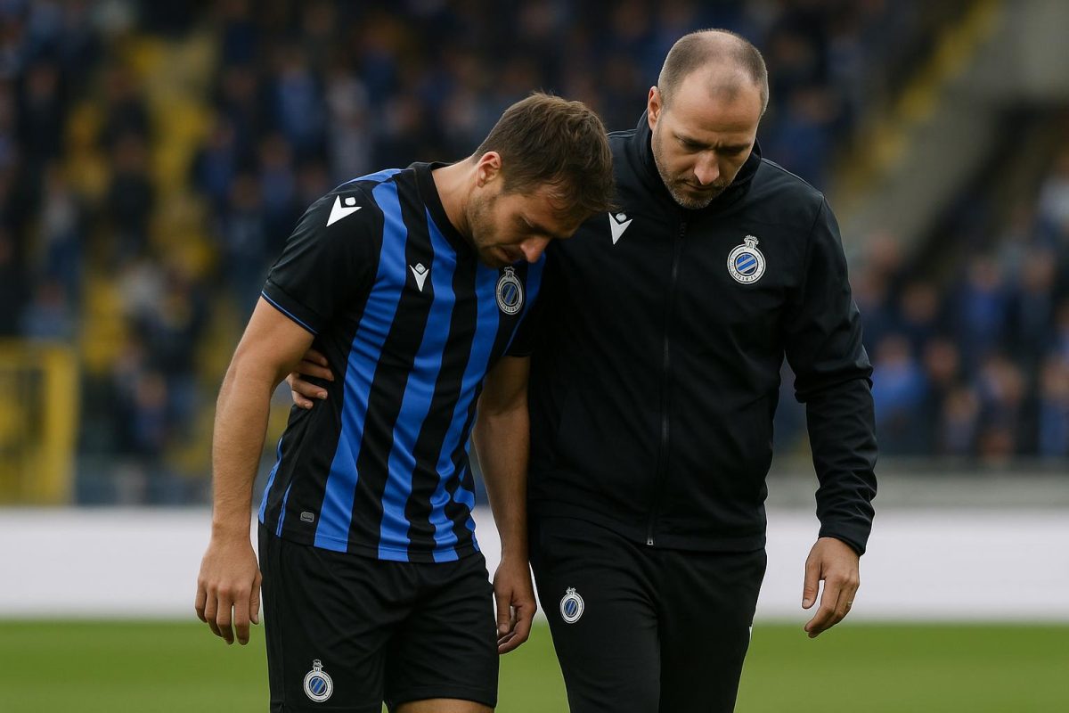 Een speler van Club Brugge verlaat geblesseerd het veld tijdens de match tegen Union Saint-Gilloise.