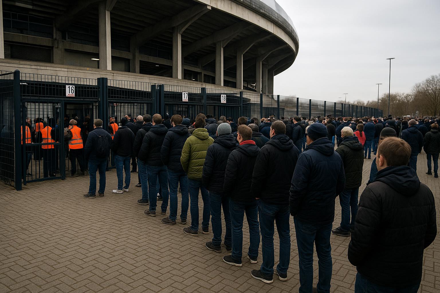 Supporters aan de ingang van een groot stadion met wachtrijen voor tickets