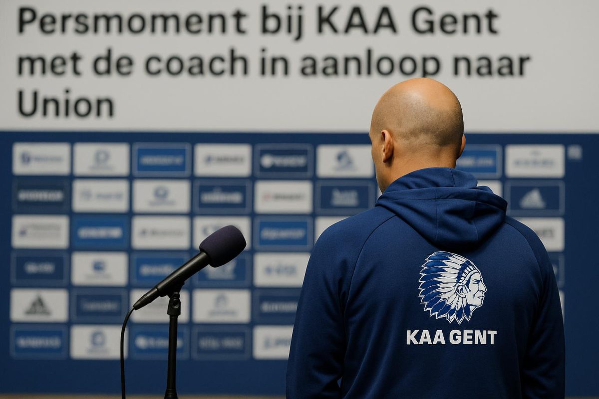 Rik De Mil tijdens een persmoment bij KAA Gent in aanloop naar de wedstrijd tegen Union