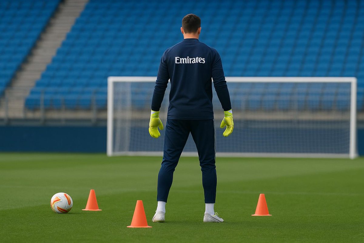 Thibaut Courtois op het trainingsveld van Real Madrid tijdens een oefensessie