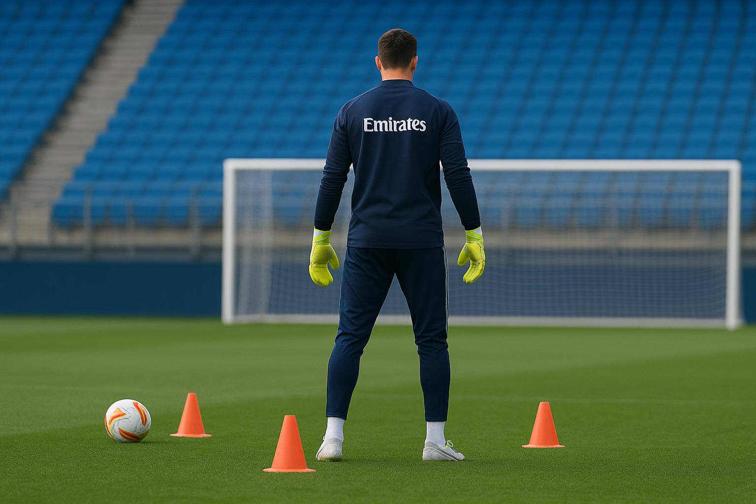 Thibaut Courtois op het trainingsveld van Real Madrid tijdens een oefensessie