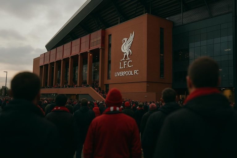 Sfeerbeeld rond Anfield bij Liverpool tijdens een Premier League-avond