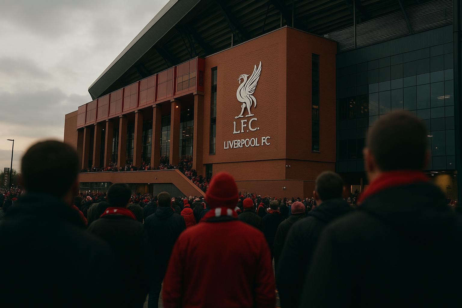 Sfeerbeeld rond Anfield bij Liverpool tijdens een Premier League-avond