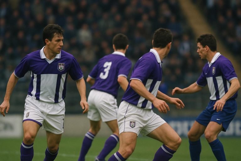 Spelers van RSC Anderlecht op het veld in een stadionomgeving