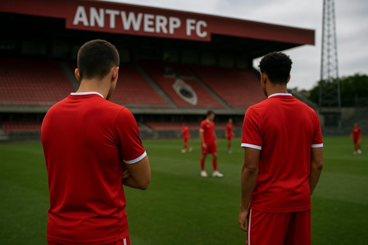Sfeerbeeld aan de Bosuil bij Royal Antwerp FC met focus op jeugdspelers in aanloop naar contractbeslissingen.
