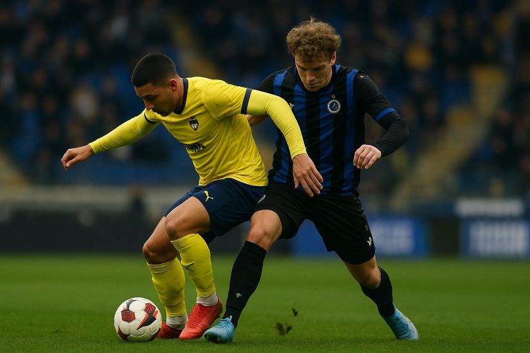 Spelmoment in Union Saint-Gilloise tegen Club Brugge met een stevig duel in de openingsfase