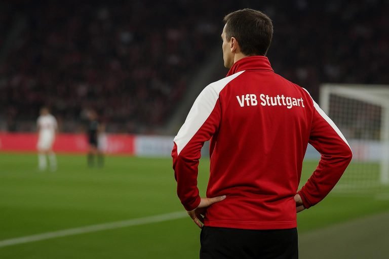 Sebastian Hoeneß als coach van VfB Stuttgart langs de zijlijn tijdens een wedstrijd