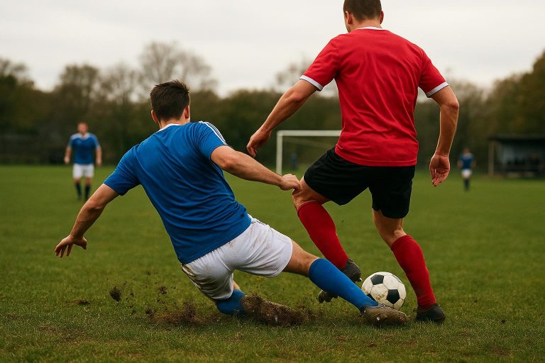 Actiebeeld van een sliding in het amateurvoetbal op een lokaal veld, zonder herkenbare gezichten.