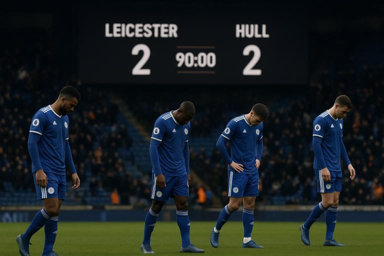 Teleurgestelde spelers van Leicester City na een wedstrijd in het stadion