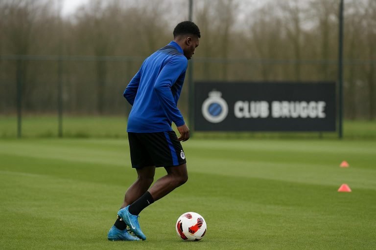 Carlos Forbs van Club Brugge op training, gezien vanop afstand zonder herkenbare gezichten