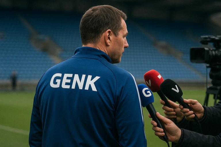 Nicky Hayen coacht KRC Genk tijdens de match tegen Sporting Charleroi in de Europe Play-Offs