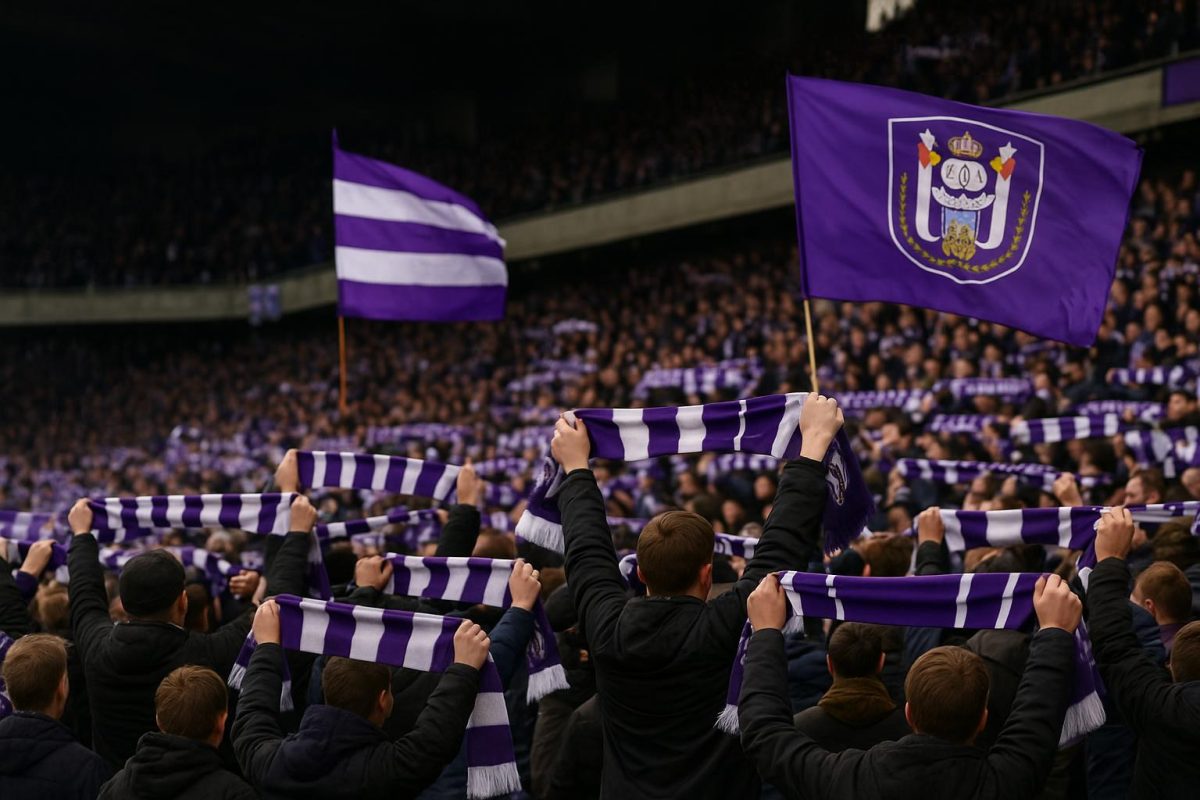 Supporters van RSC Anderlecht in het Lotto Park tijdens een sfeermoment.
