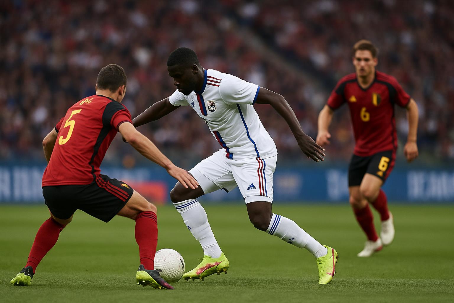Orel Mangala van Olympique Lyon in actie op het middenveld tijdens een wedstrijd.