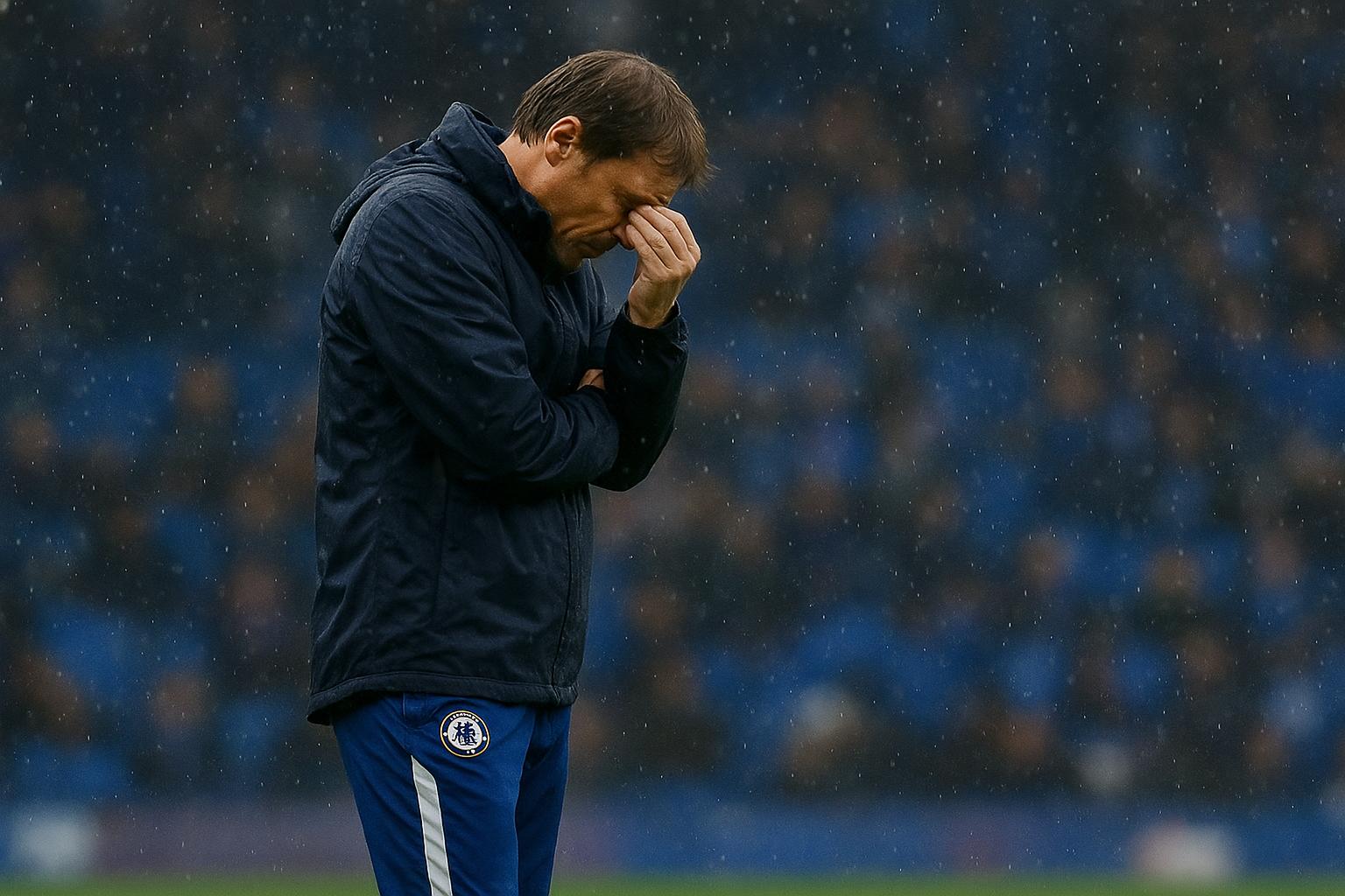Liam Rosenior reageert zichtbaar gefrustreerd langs de zijlijn bij Chelsea.