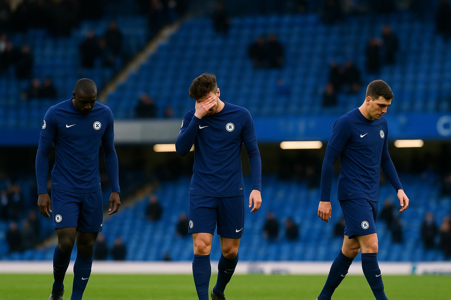 Chelsea-spelers stappen teleurgesteld richting het uitvak na de 3-0-nederlaag bij Brighton.