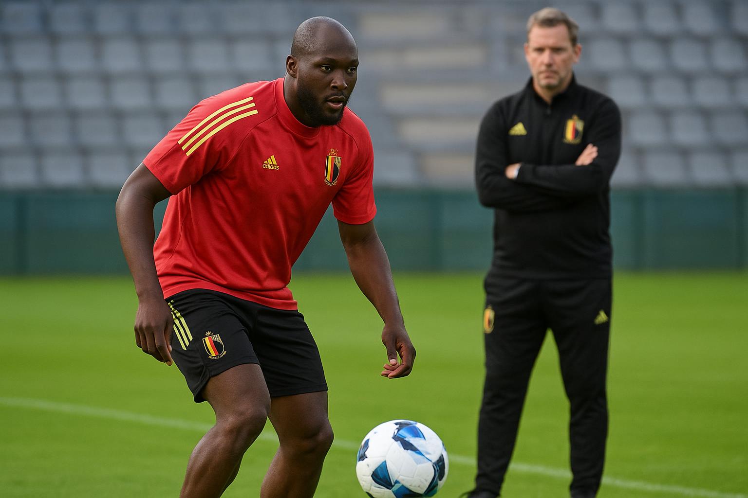 Rudi Garcia en Romelu Lukaku bij de Rode Duivels tijdens een trainingsmoment, met focus op de spits in aanloop naar WK 2026.