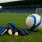 Doelmanhandschoenen en een bal op een trainingsveld in Engelse clubcontext