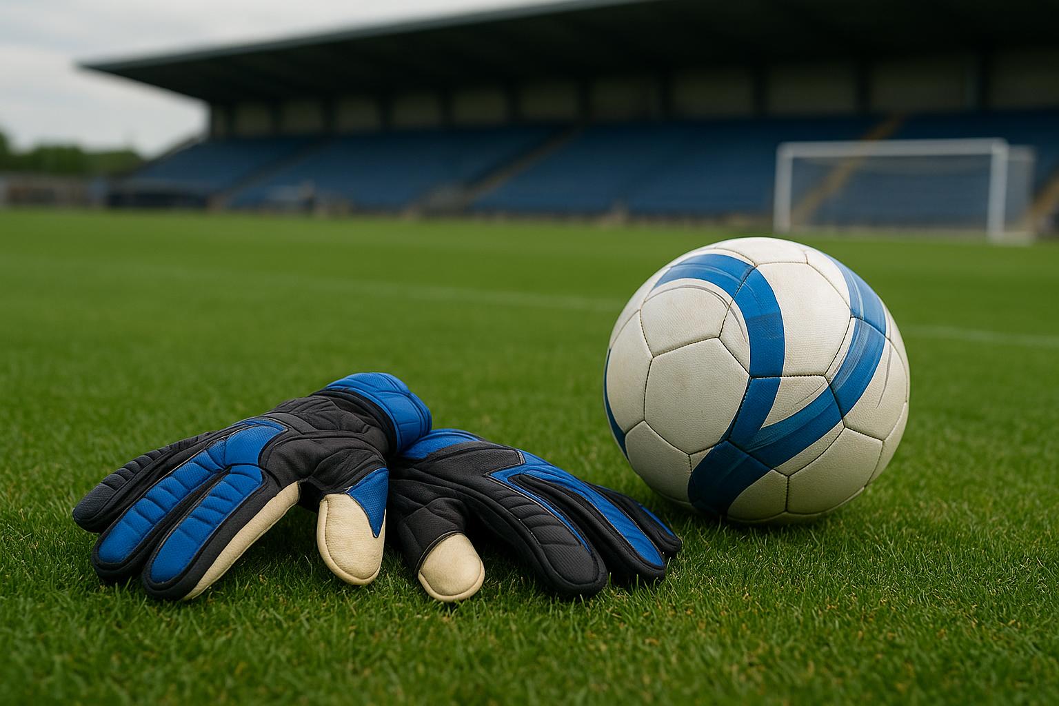Doelmanhandschoenen en een bal op een trainingsveld in Engelse clubcontext