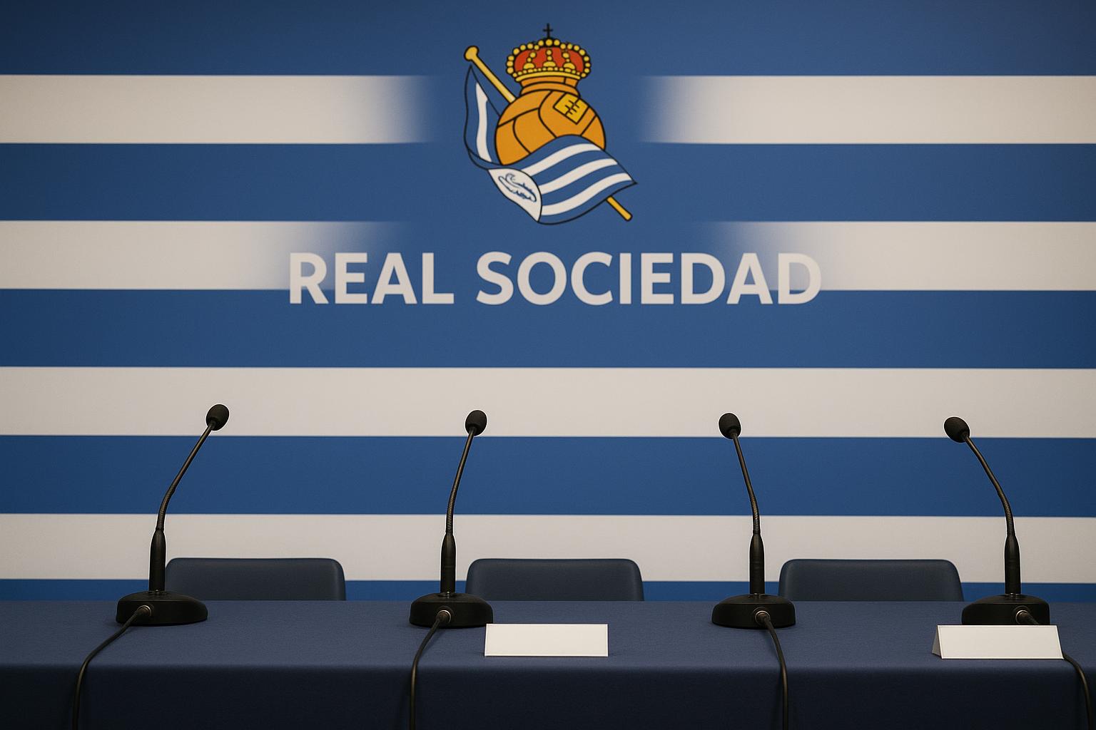Sfeerbeeld van een persmoment bij Real Sociedad met clublogo op de achtergrond