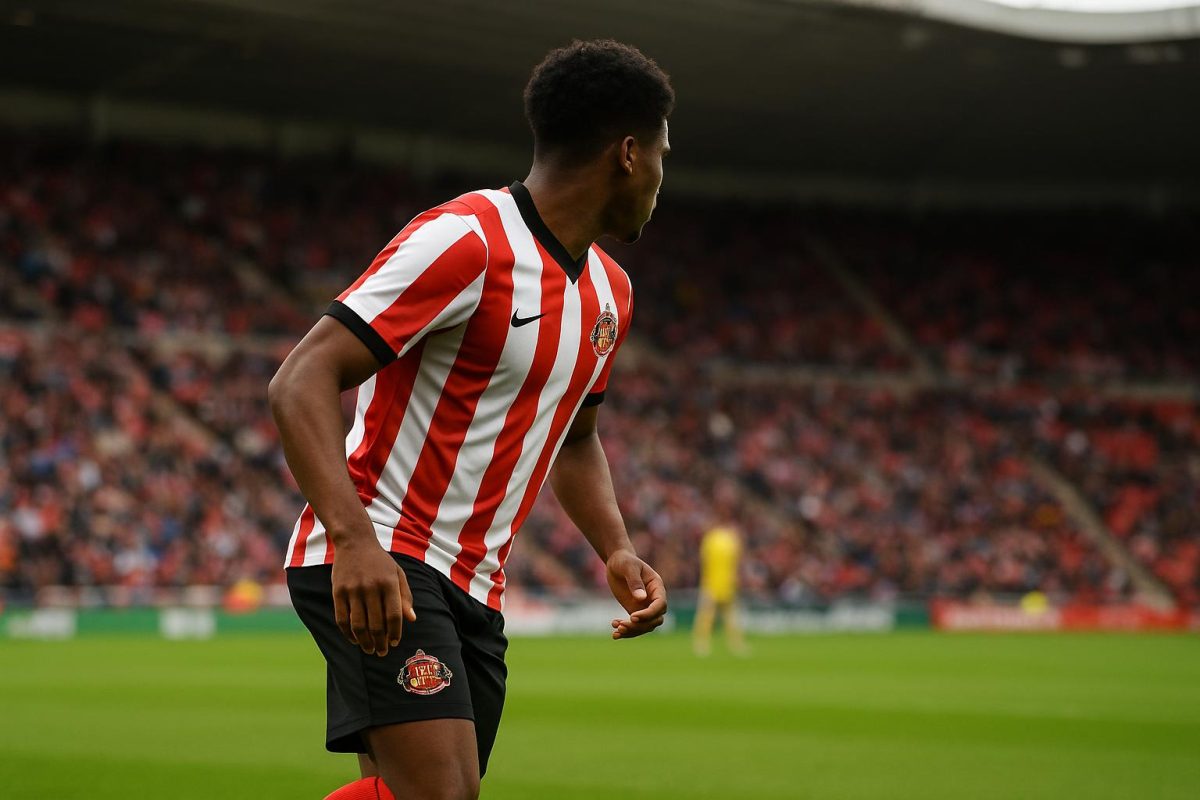 Noah Sadiki in actie in een wedstrijdshirt van Sunderland