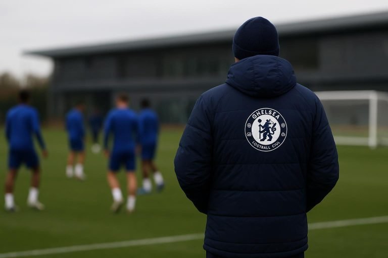 Avondbeeld van de omgeving rond Chelsea met trainingscontext zonder herkenbare gezichten