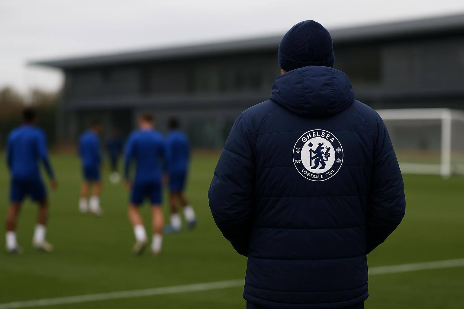 Avondbeeld van de omgeving rond Chelsea met trainingscontext zonder herkenbare gezichten