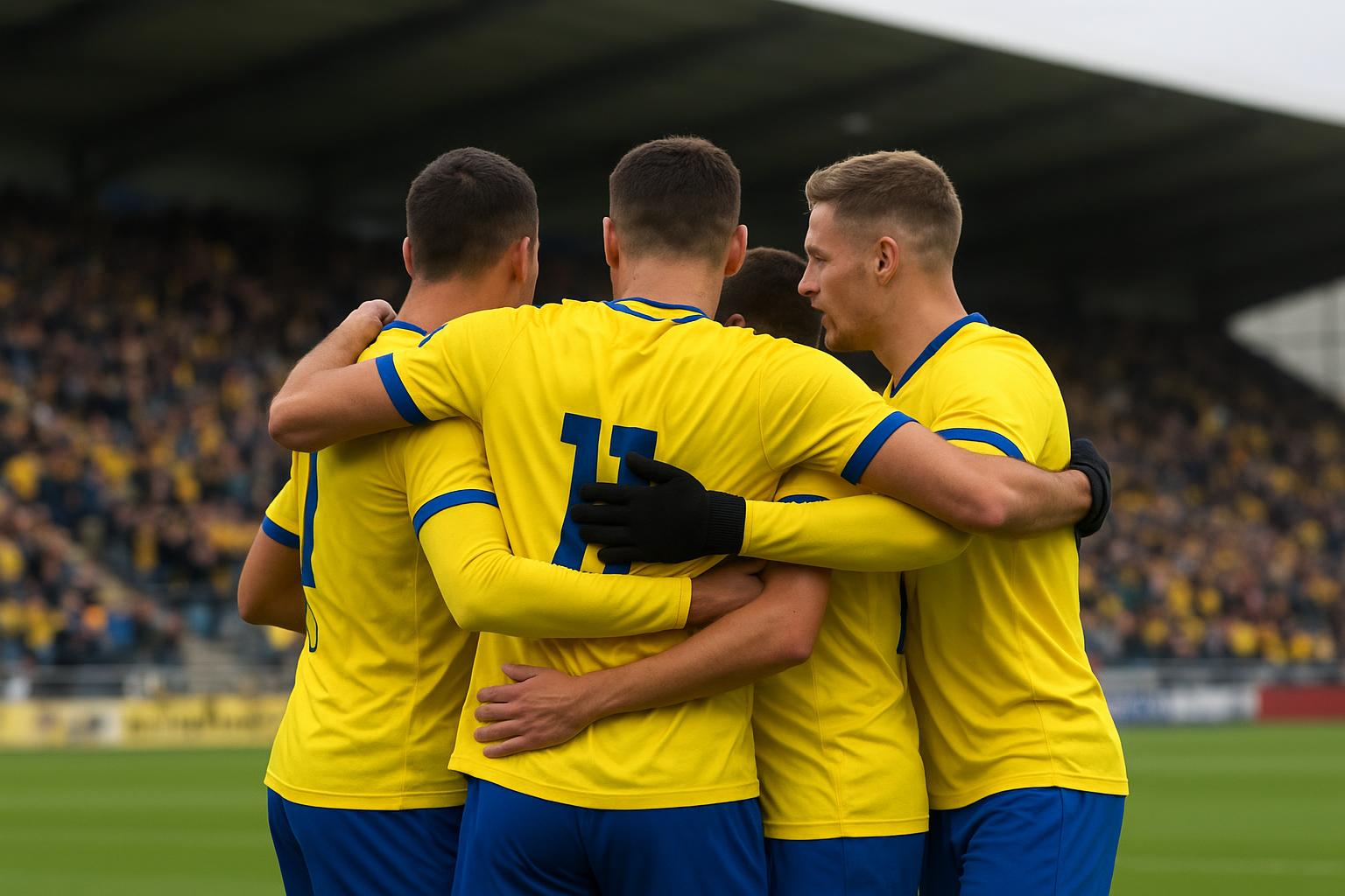 Spelers van KVC Westerlo vieren een doelpunt tijdens een wedstrijd.