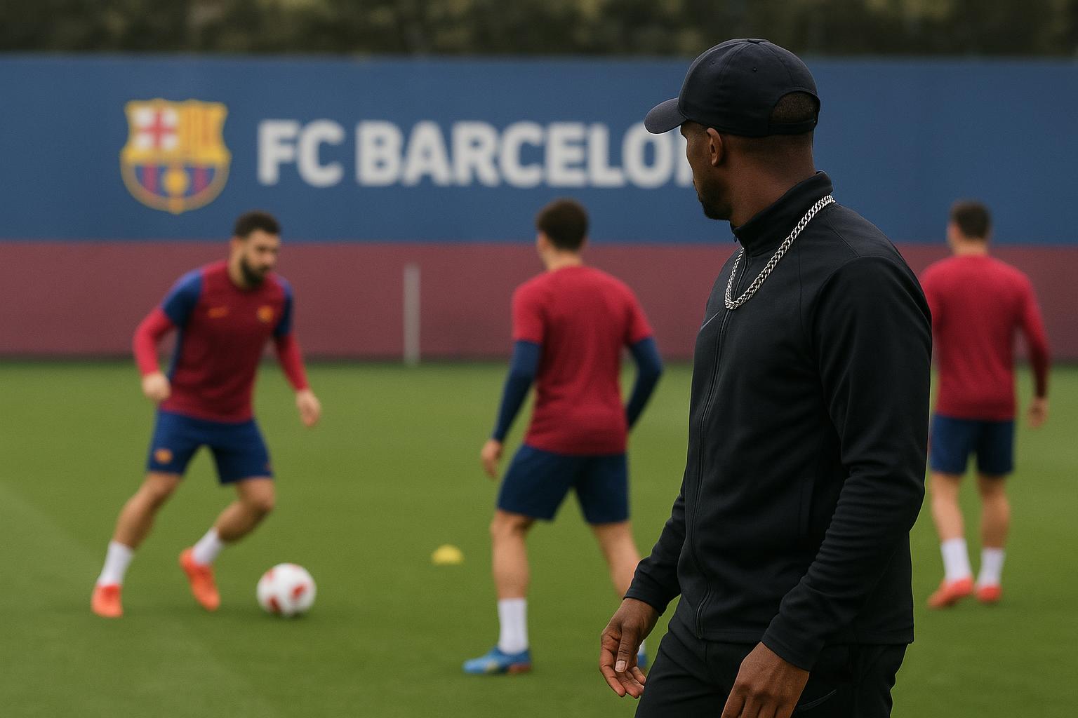 Trainingssituatie bij FC Barcelona met Winston Bogarde in beeld, zonder herkenbare gezichten