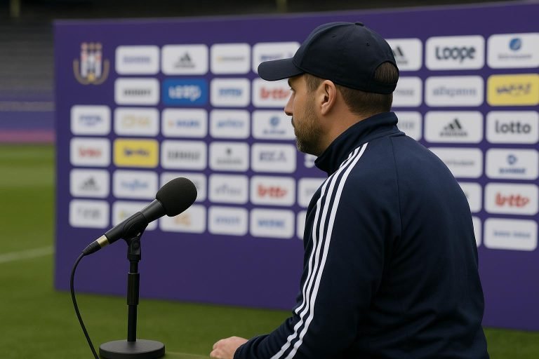 Jérémy Taravel van Anderlecht tijdens een persmoment in aanloop naar de match op Stayen.
