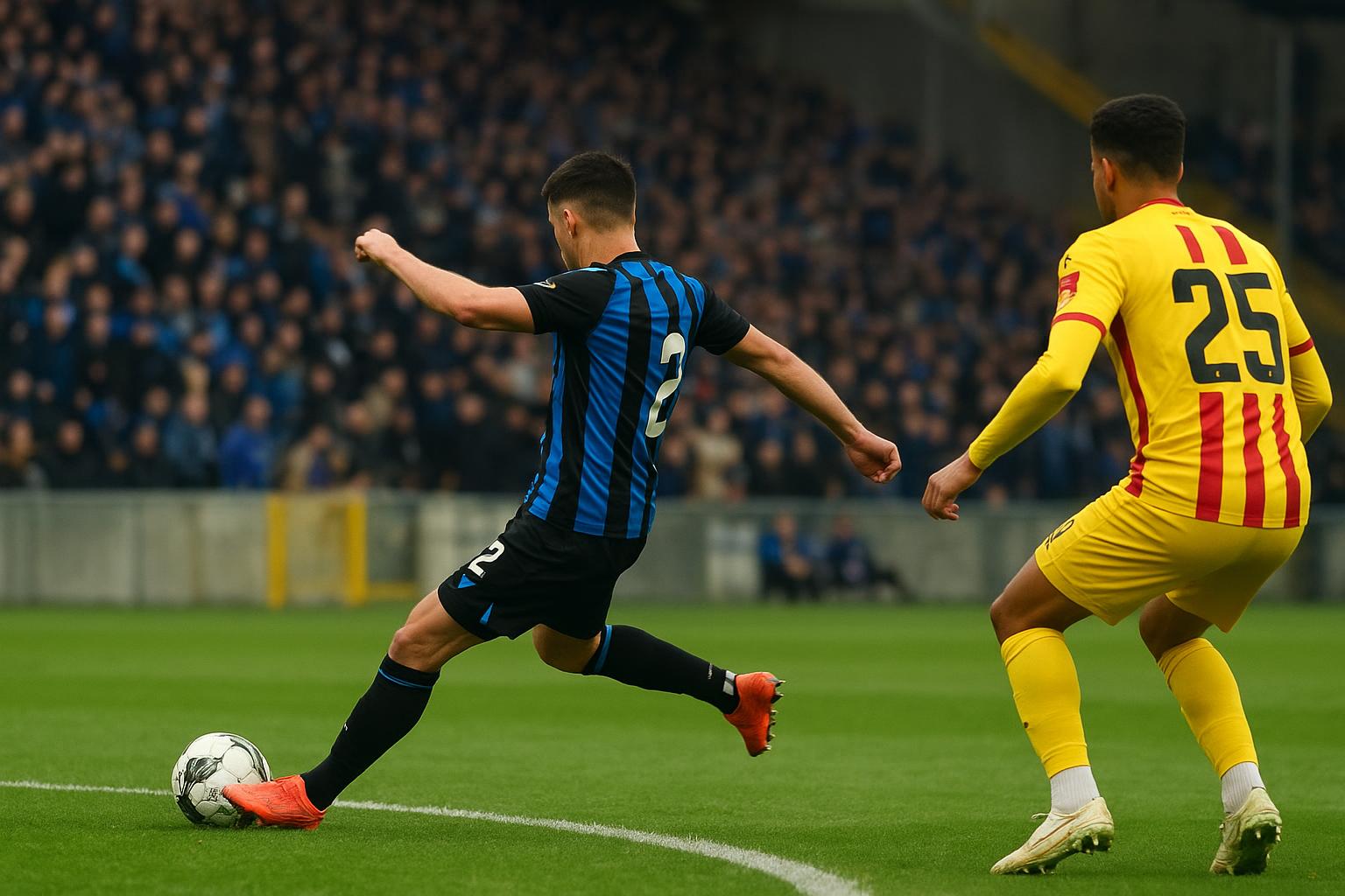 Spelmoment tijdens Club Brugge tegen KV Mechelen met focus op een voorzet dicht bij de achterlijn