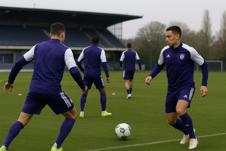 Sfeerbeeld van een training bij RSC Anderlecht met spelers op het veld