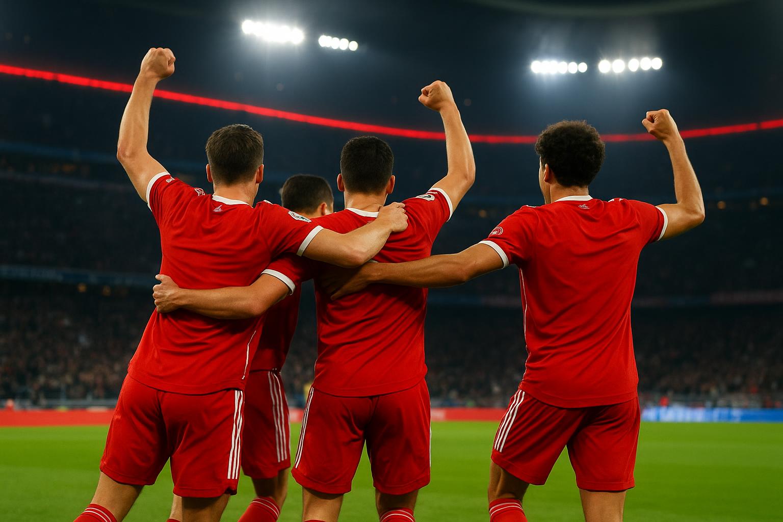 Spelers van Bayern München vieren op het veld na de bekerzege tegen Bayer Leverkusen