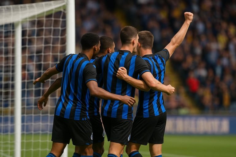 Spelers van Club Brugge vieren een doelpunt in het Jan Breydelstadion tegen KV Mechelen