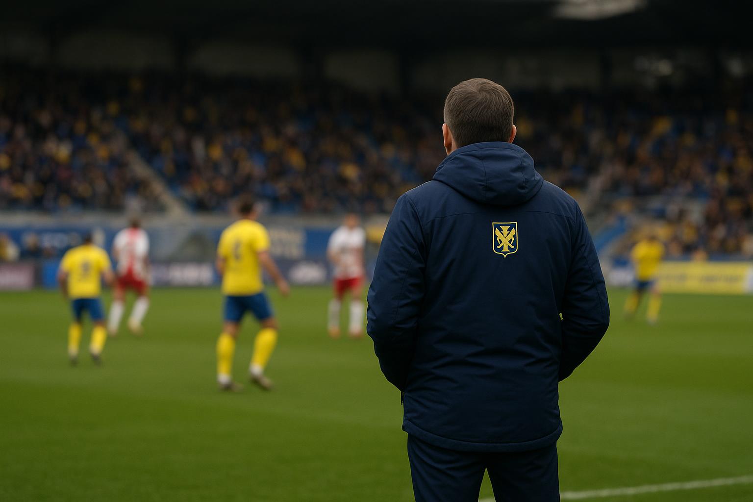 Wouter Vrancken langs de zijlijn bij STVV tijdens een wedstrijd