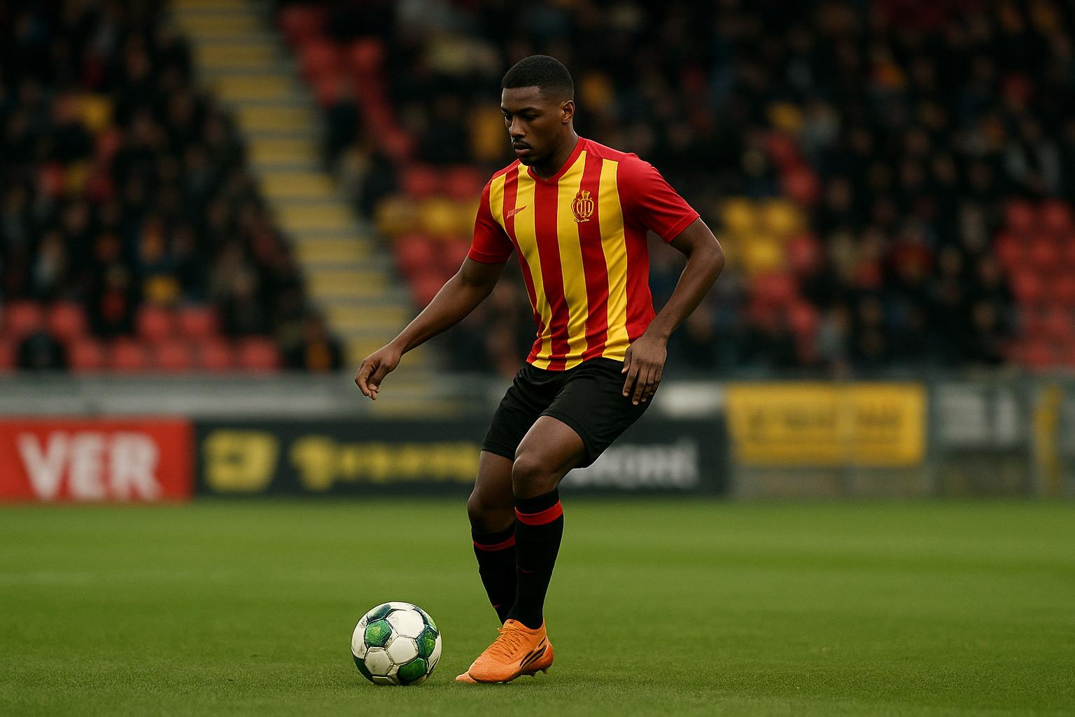 Noah Makanza in actie als middenvelder tijdens een wedstrijd van Helmond Sport