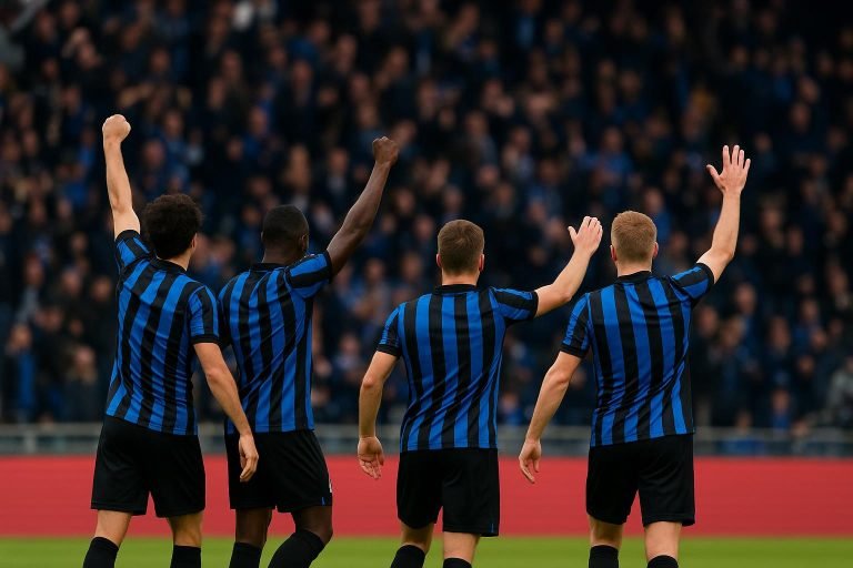 Spelers van Club Brugge vieren een doelpunt in het stadion tijdens de match tegen KV Mechelen.