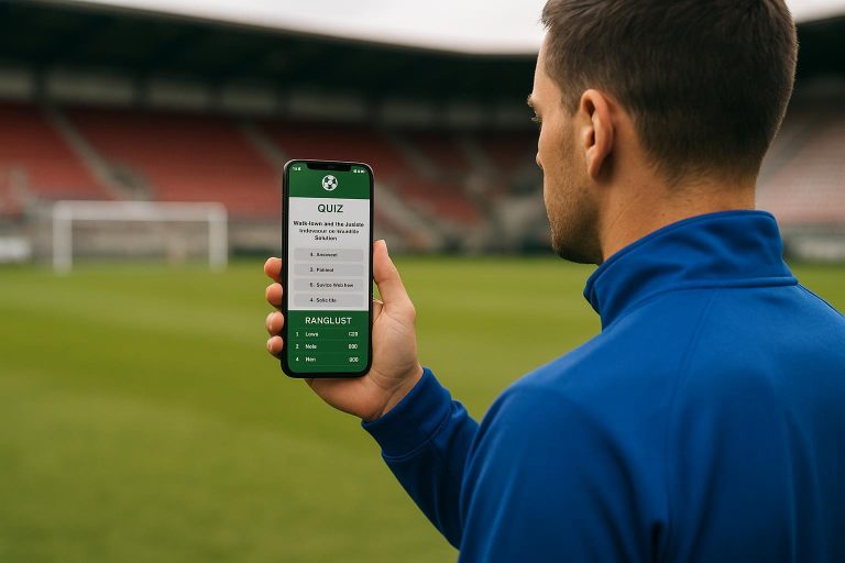 Sfeerbeeld van een voetbalbeleving op smartphone met quiz en klassement, zonder herkenbare gezichten