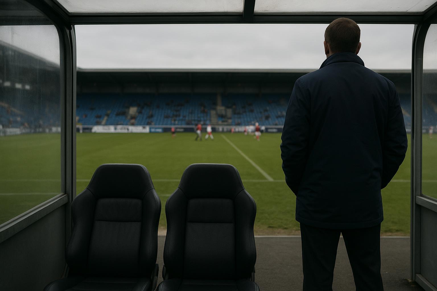 Sfeerbeeld in een Belgisch stadion met focus op dug-out en promotiespanning