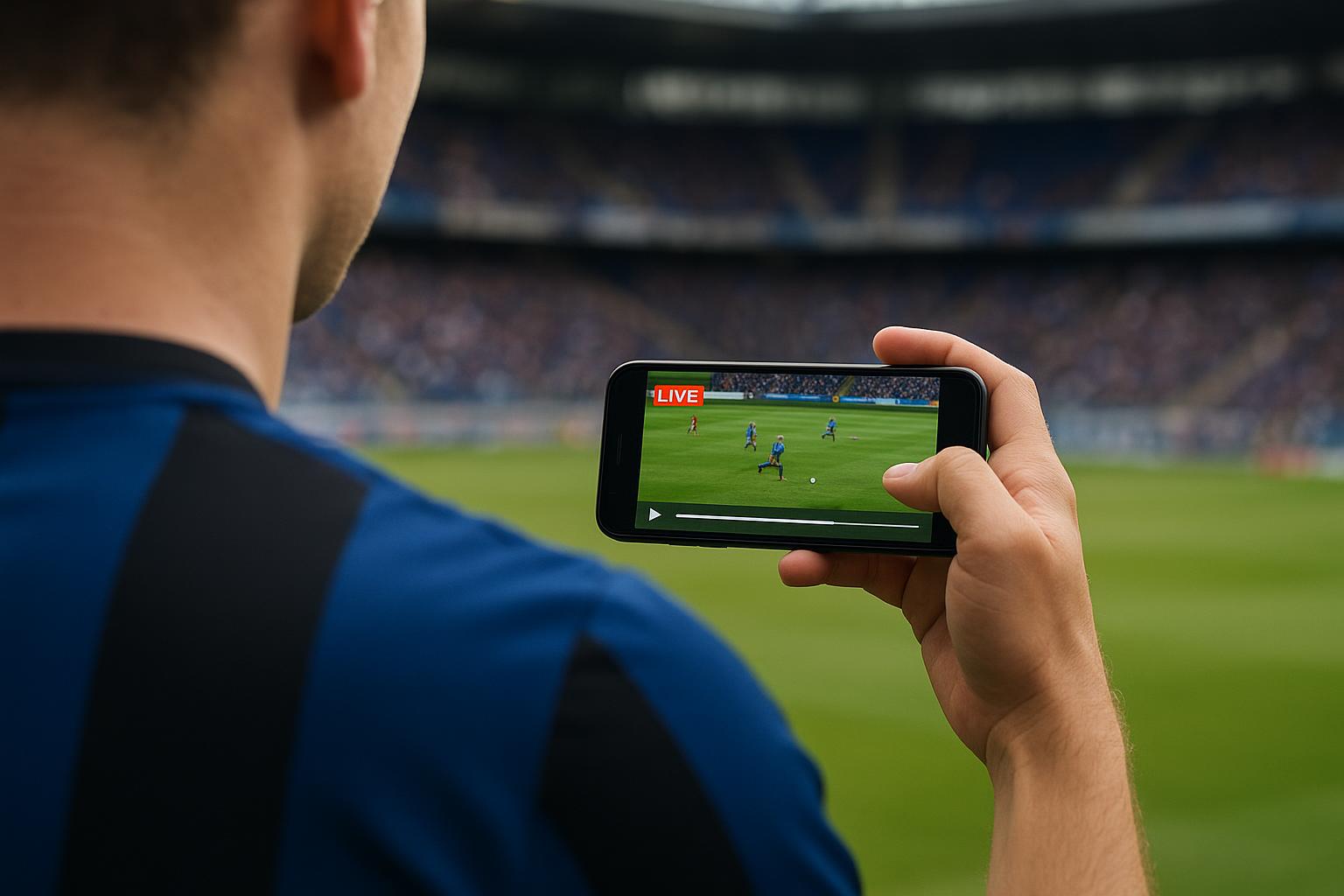 Een smartphone met een streaming-app open in een voetbalsetting zonder herkenbare gezichten.