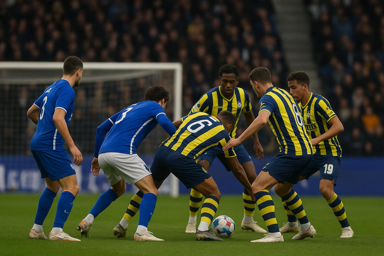 Spelers van KAA Gent in een verdedigend duel tijdens Union Saint-Gilloise tegen KAA Gent.