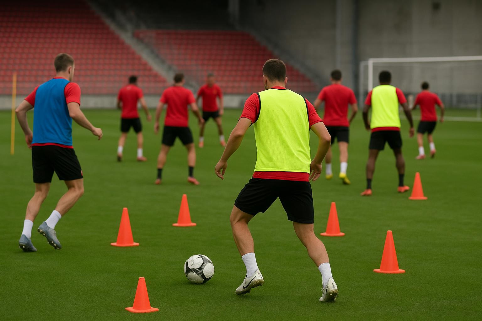 Spelers van Standard Luik tijdens een training met focus op defensieve organisatie