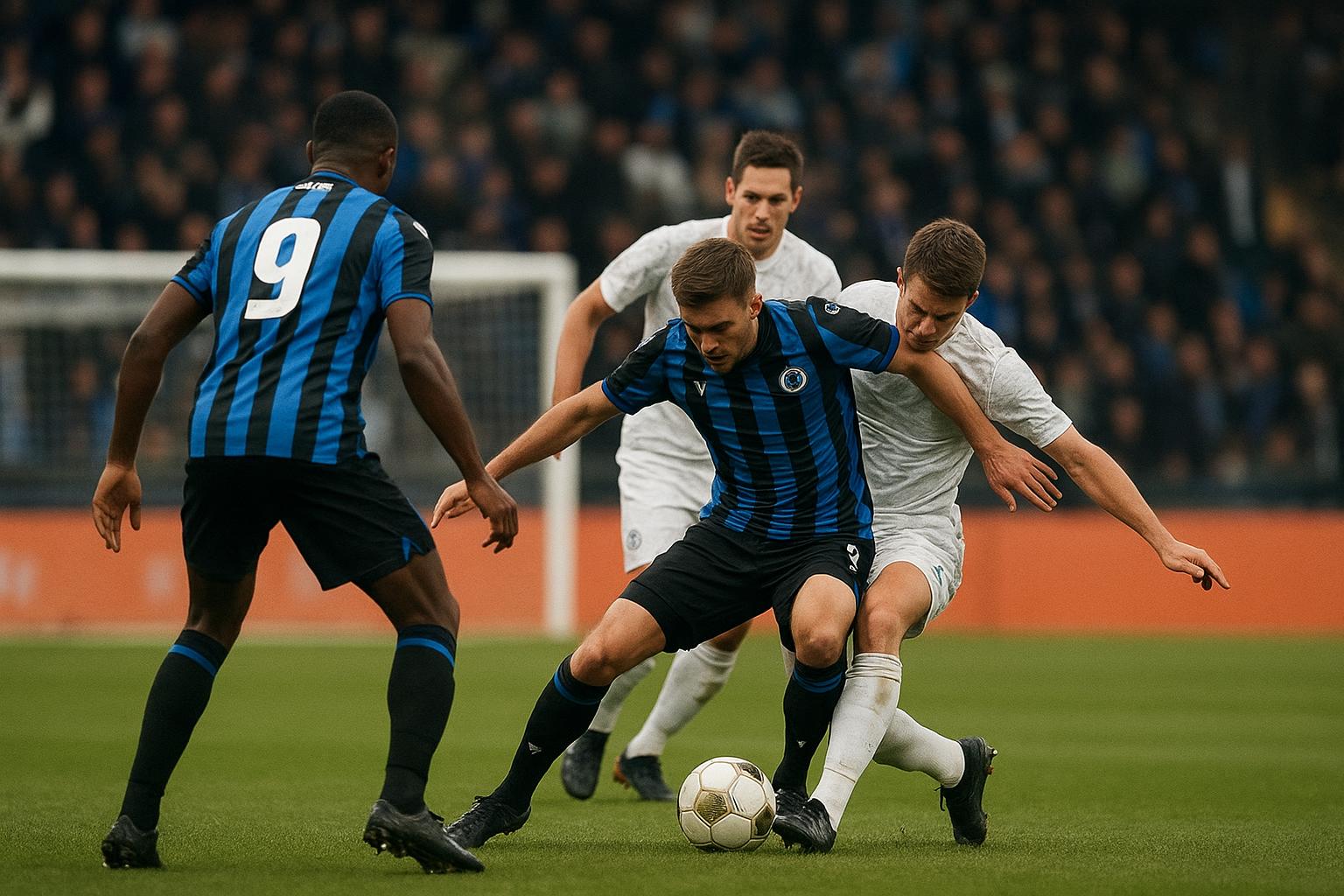 Actiemoment van Club Brugge in een stadion tijdens een wedstrijd, met focus op een aanvaller zonder herkenbare gezichten.